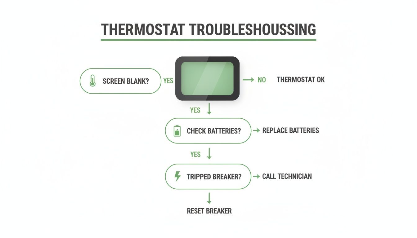 A flowchart for thermostat troubleshooting, addressing a blank screen, checking batteries, and identifying a tripped breaker.