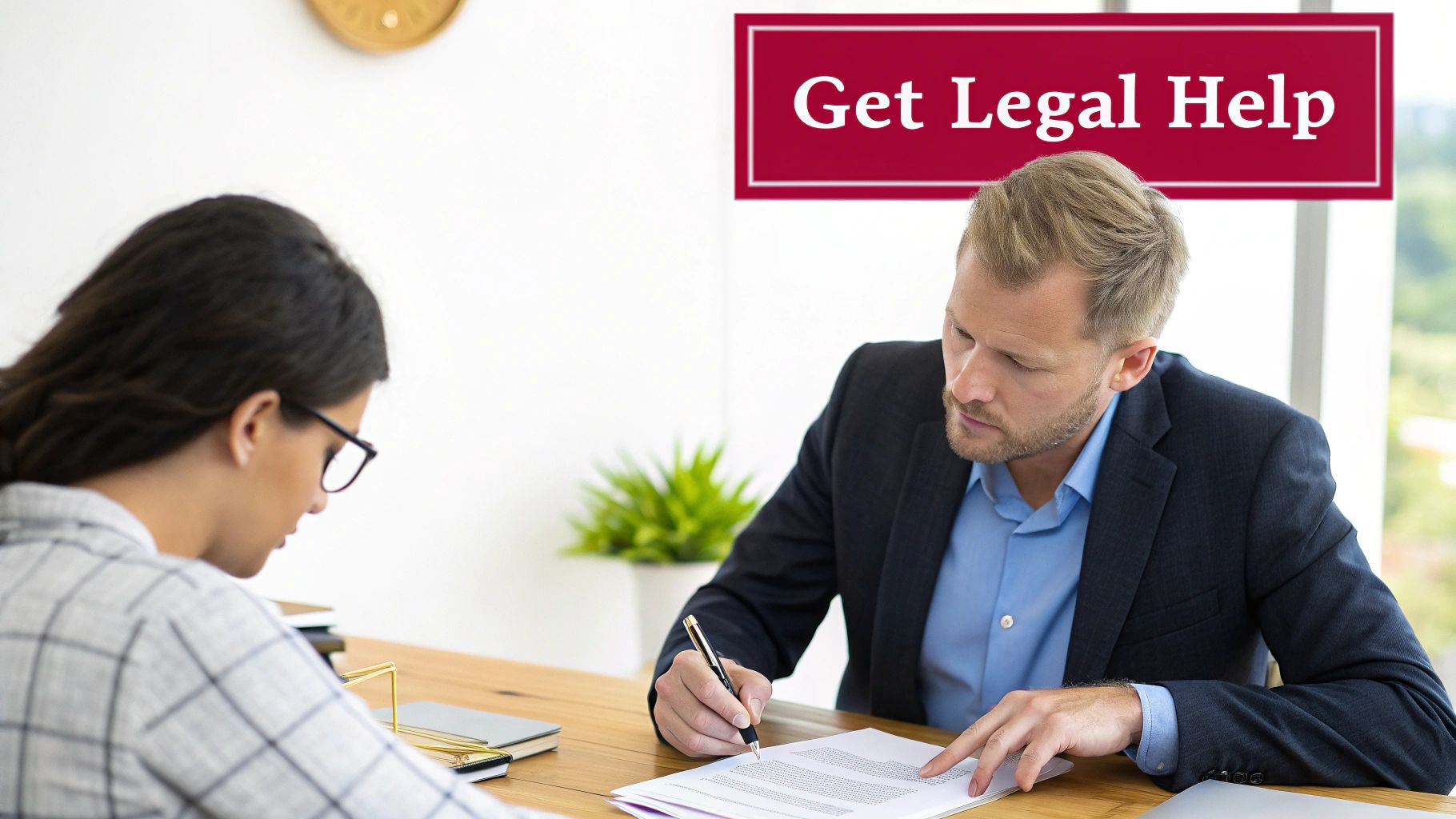 A lawyer assists a client, signing important legal documents at a desk.