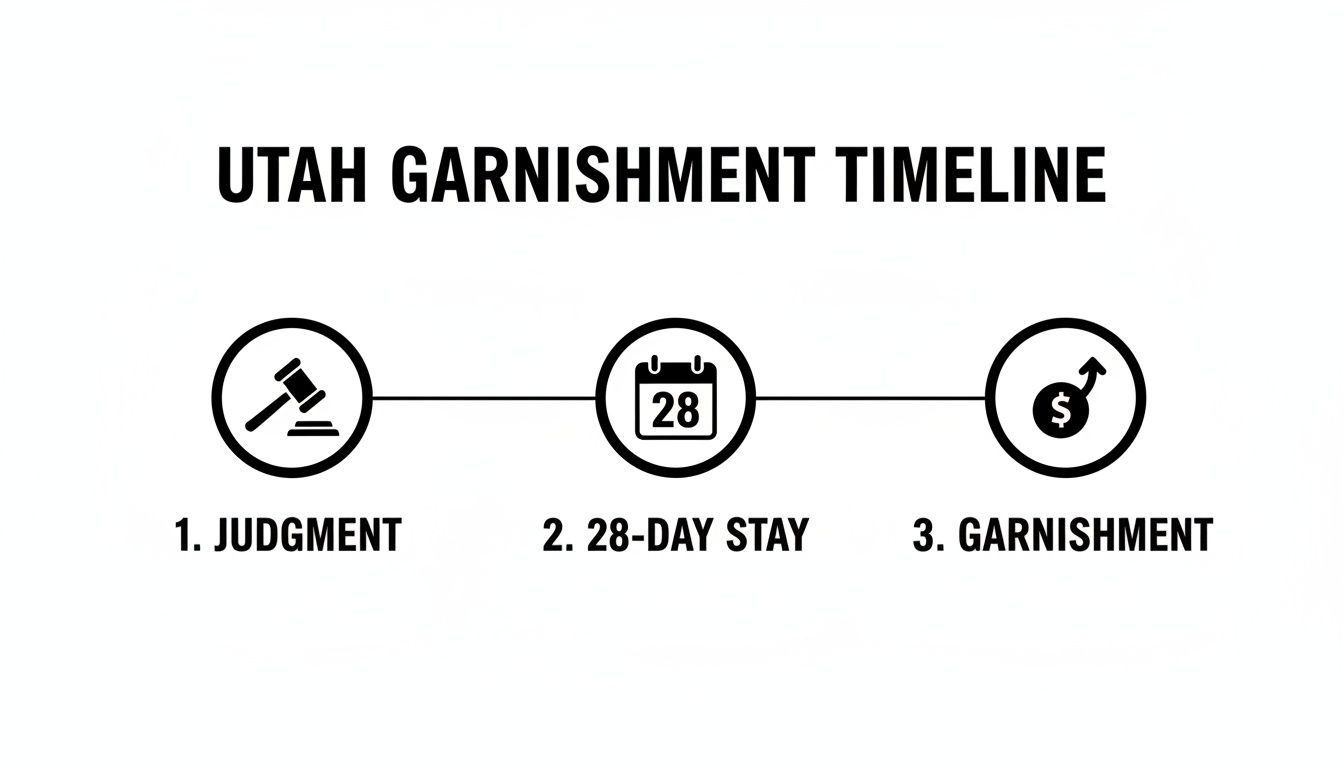 A Utah garnishment timeline showing three steps: judgment (gavel), 28-day stay (calendar), and garnishment (money with arrow).
