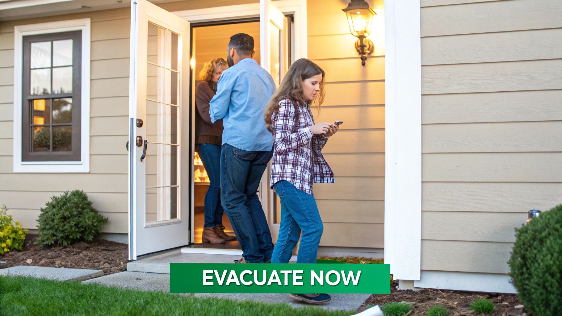 A family evacuating their home, a young girl distracted by her phone, while others exit.