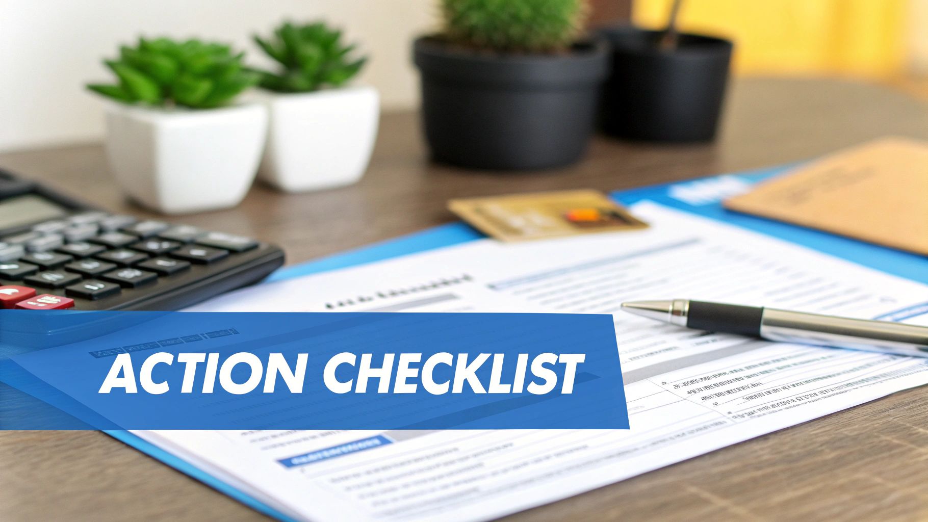 Desk with an "ACTION CHECKLIST" document, calculator, pen, and plants, indicating financial tasks.