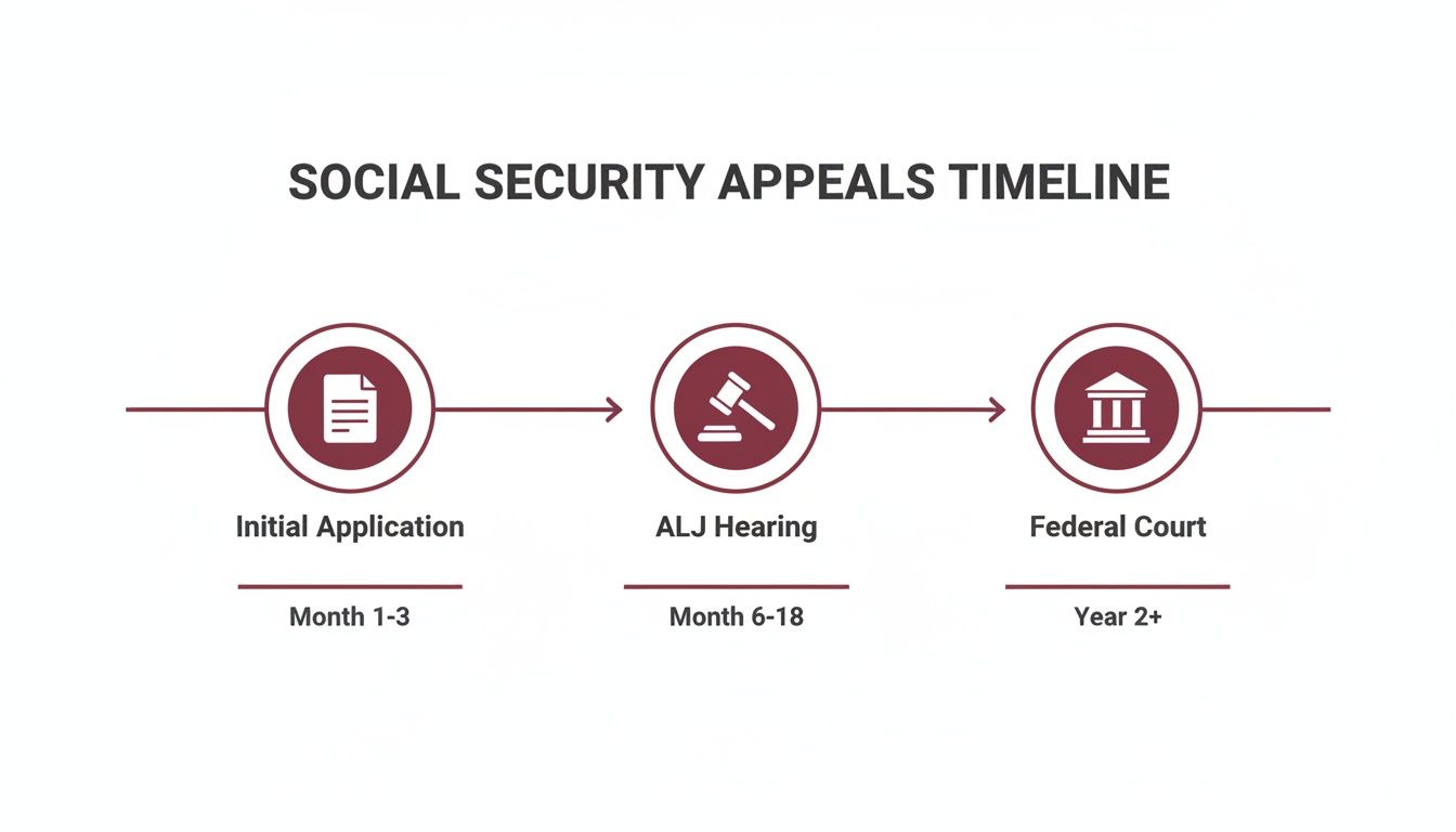 A Social Security Appeals timeline outlining the steps from initial application to federal court.