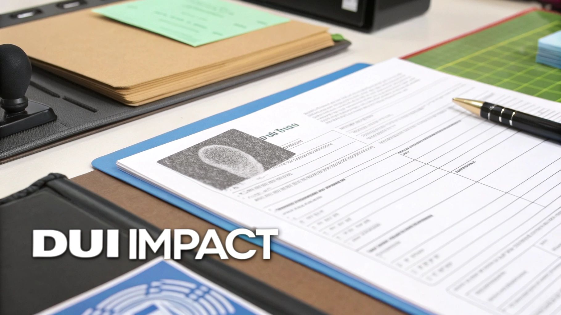 Desk setup with legal documents, a black pen, and a stamp, featuring 'DUI IMPACT' overlay.