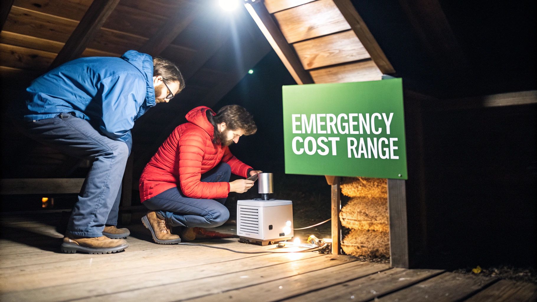 Two men inspect a portable emergency furnace device outdoors at night, illuminated by bright light.