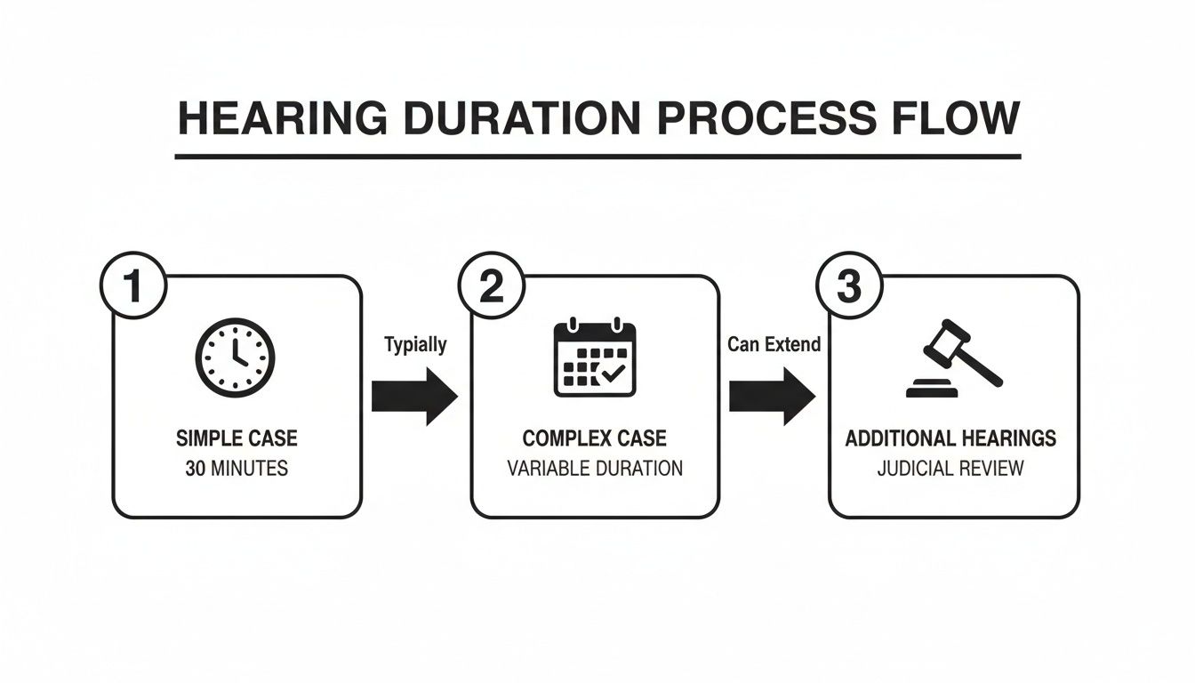 Flowchart illustrating the hearing duration process, from simple cases to complex and additional judicial review.