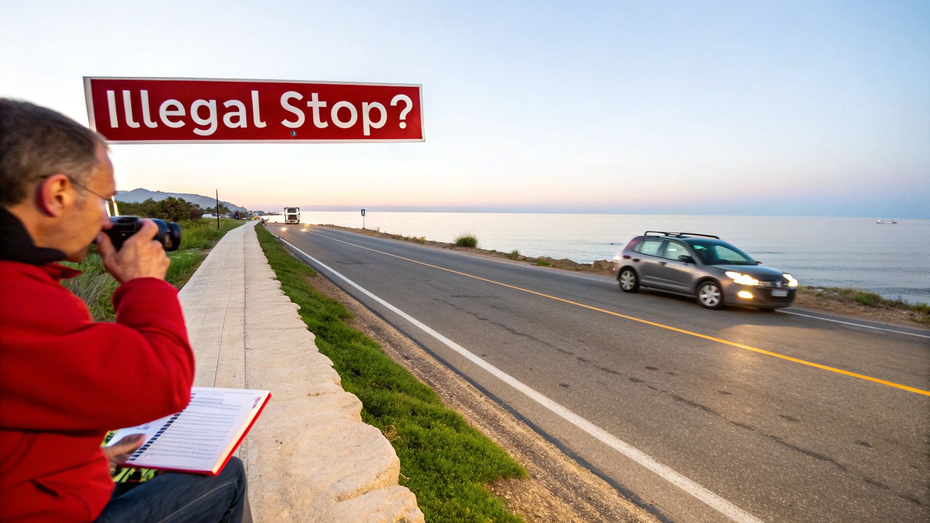 Man with camera and notebook next to a coastal road with "Illegal Stop?" sign.
