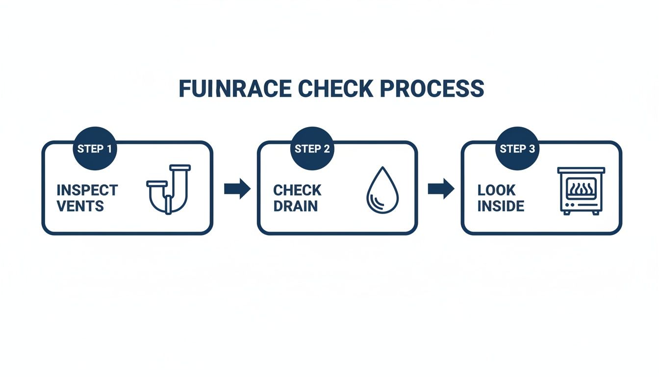 A visual guide illustrating a three-step furnace check process: inspect vents, check drain, and look inside.