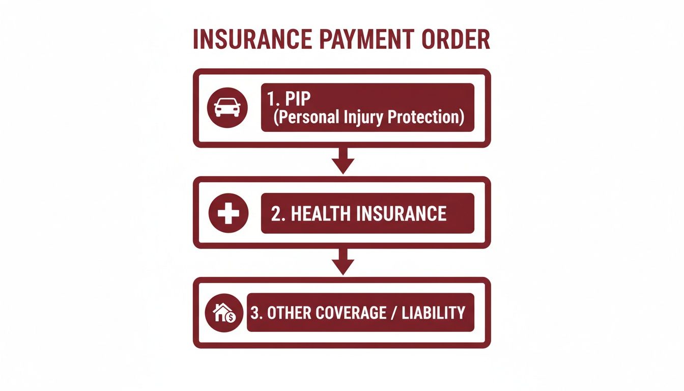 Flowchart illustrating the insurance payment order: 1. PIP, 2. Health Insurance, and 3. Other Coverage/Liability.