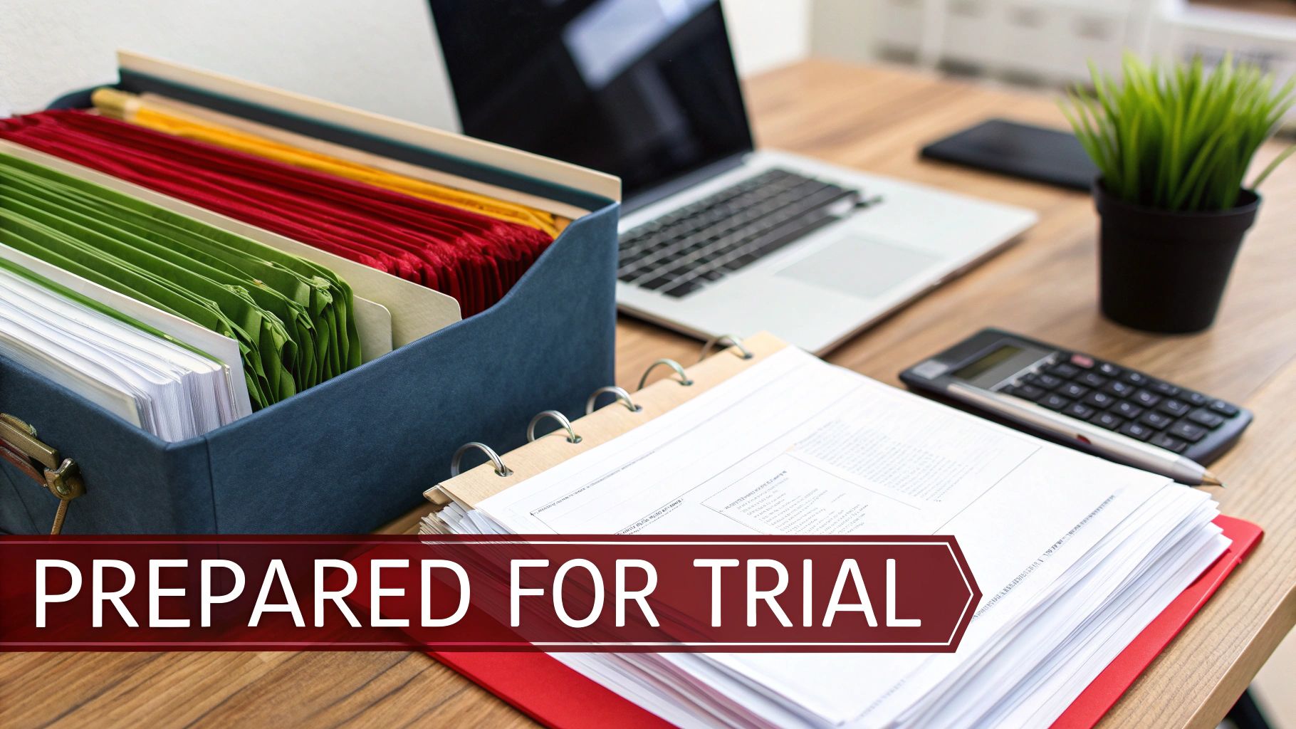 A desk with organized legal files, a laptop, and documents, with text 'PREPARED FOR TRIAL'.
