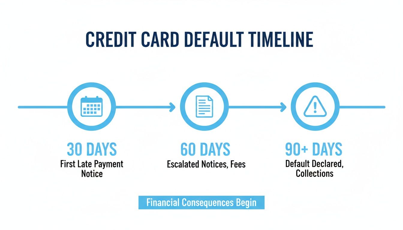 A credit card default timeline illustrating the financial consequences at 30, 60, and 90+ days late.