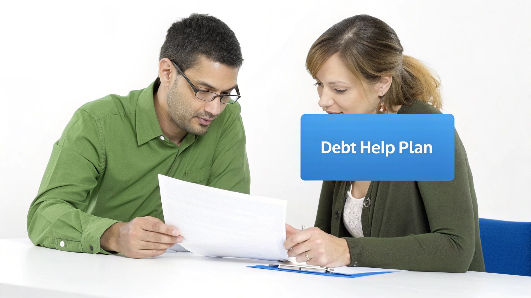A man and woman review financial documents at a table, with a 'Debt Help Plan' overlay.