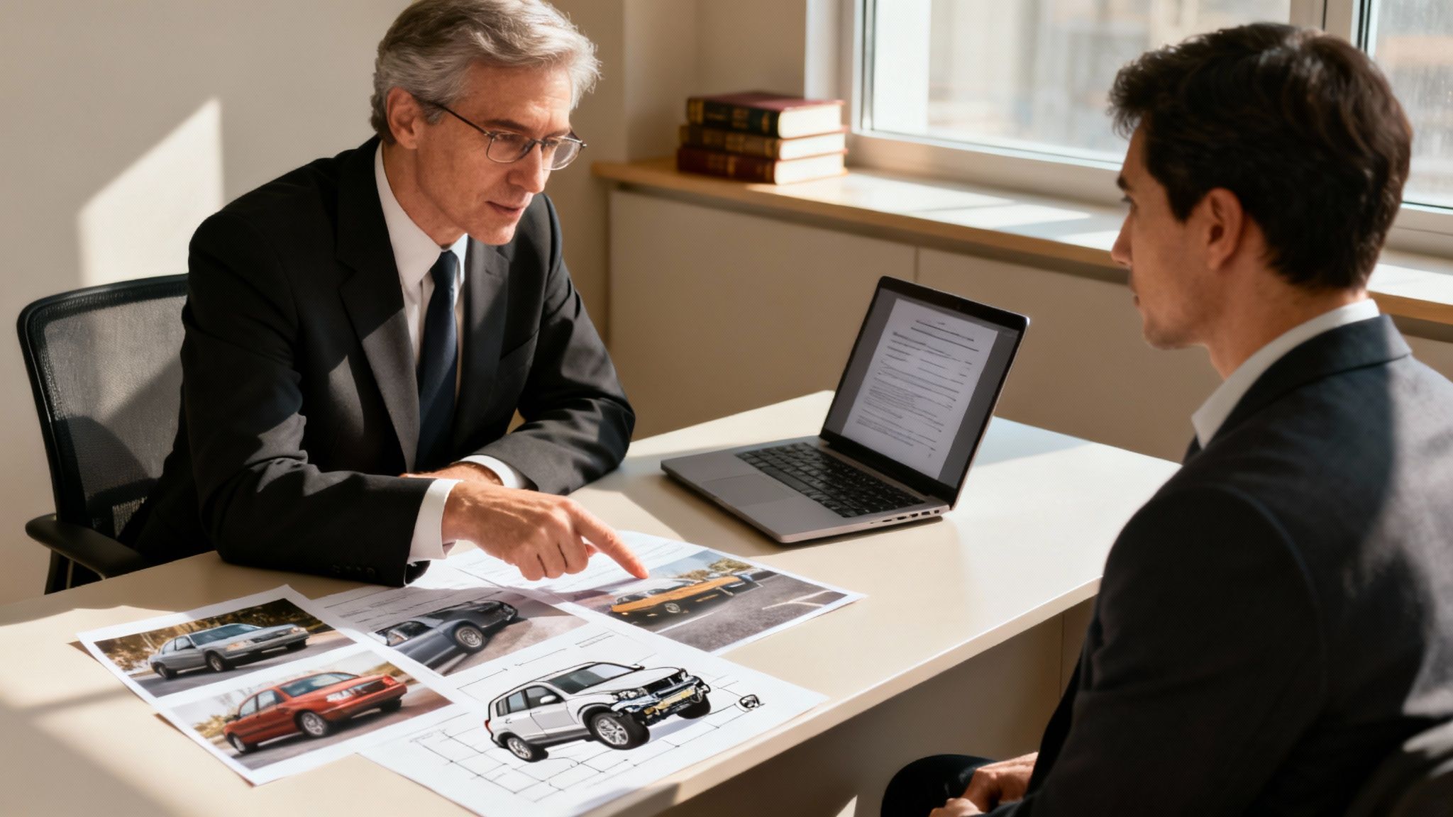 Two men in suits discuss car accident images and documents during an insurance meeting.