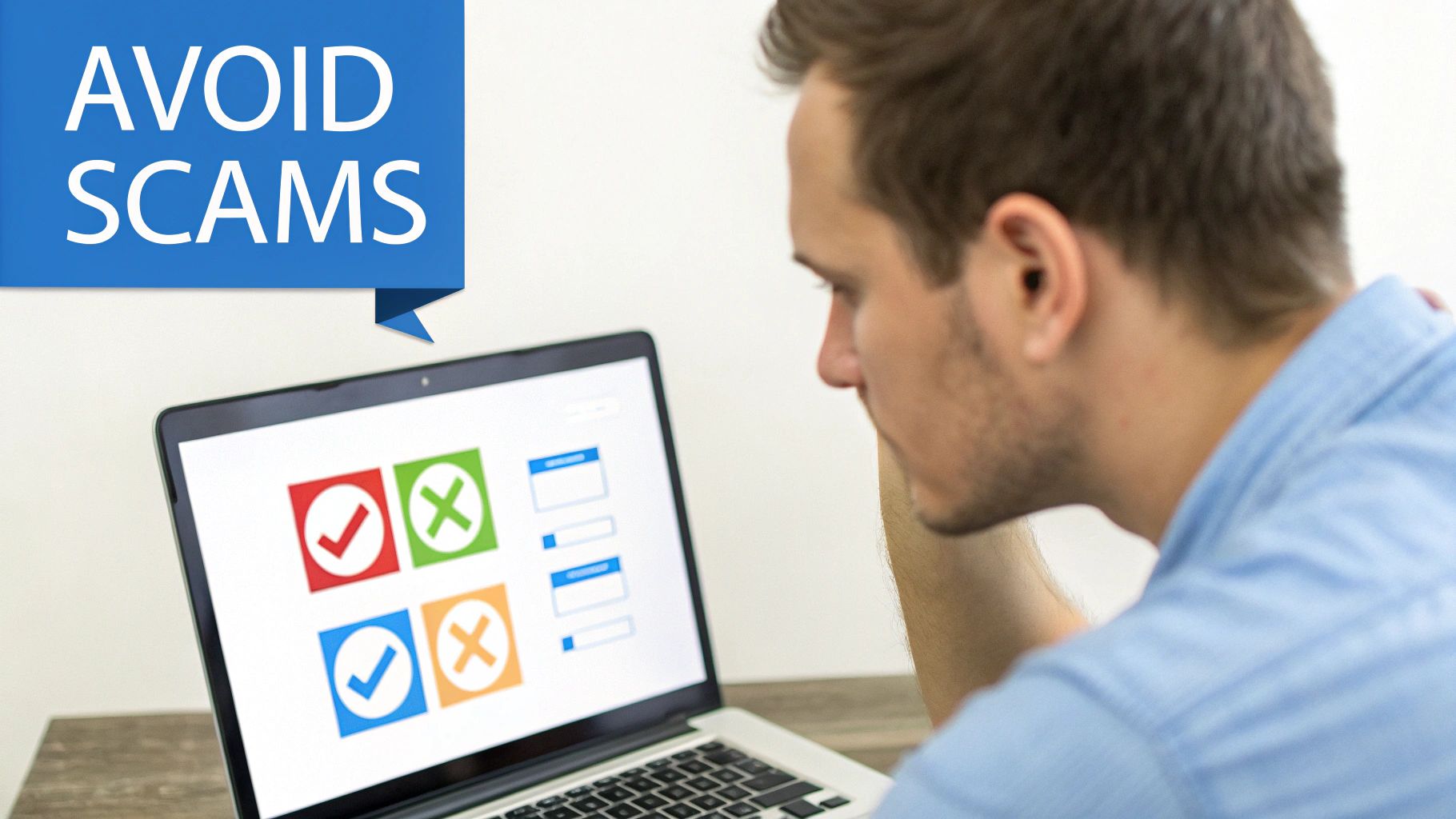 A man looks intently at a laptop displaying checkmarks and crosses, with a 'AVOID SCAMS' bubble.
