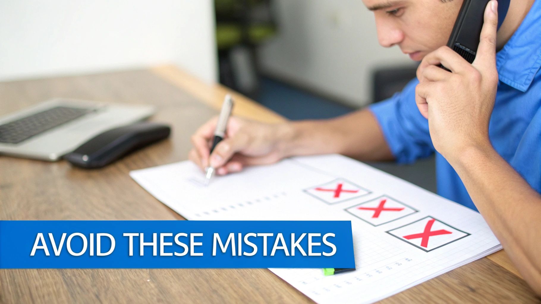 A man on the phone writes on a document with red 'X' marks, emphasizing "AVOID THESE MISTAKES".