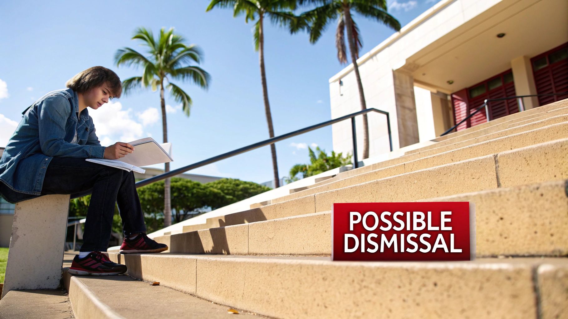 A young person reads a book while sitting on outdoor steps, with a red box stating 'POSSIBLE DISMISSAL'.