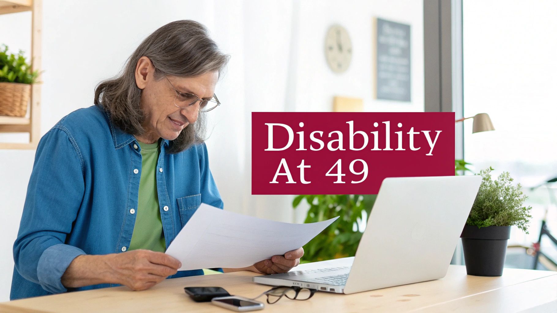 An older man reading a document at a desk with a laptop, overlaid with 'Disability At 49'.