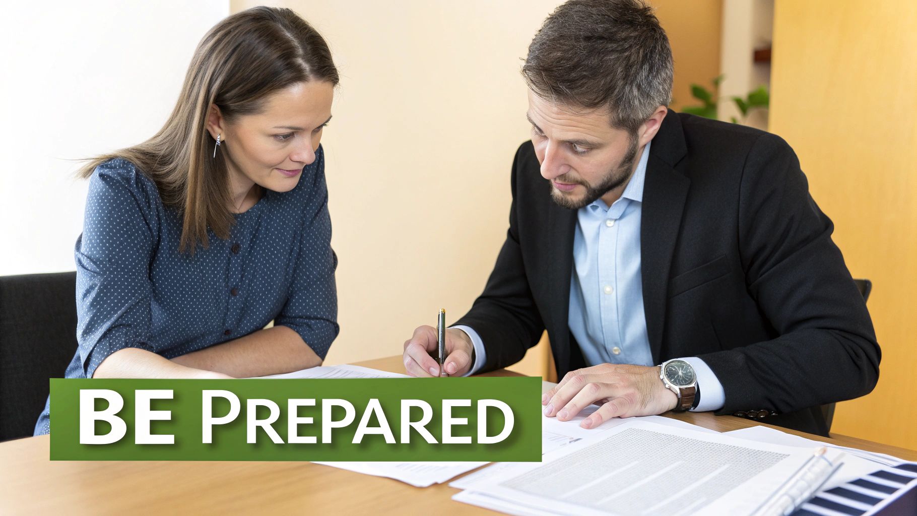 Two professionals, a man and a woman, reviewing important documents at a desk, emphasizing 'BE PREPARED'.