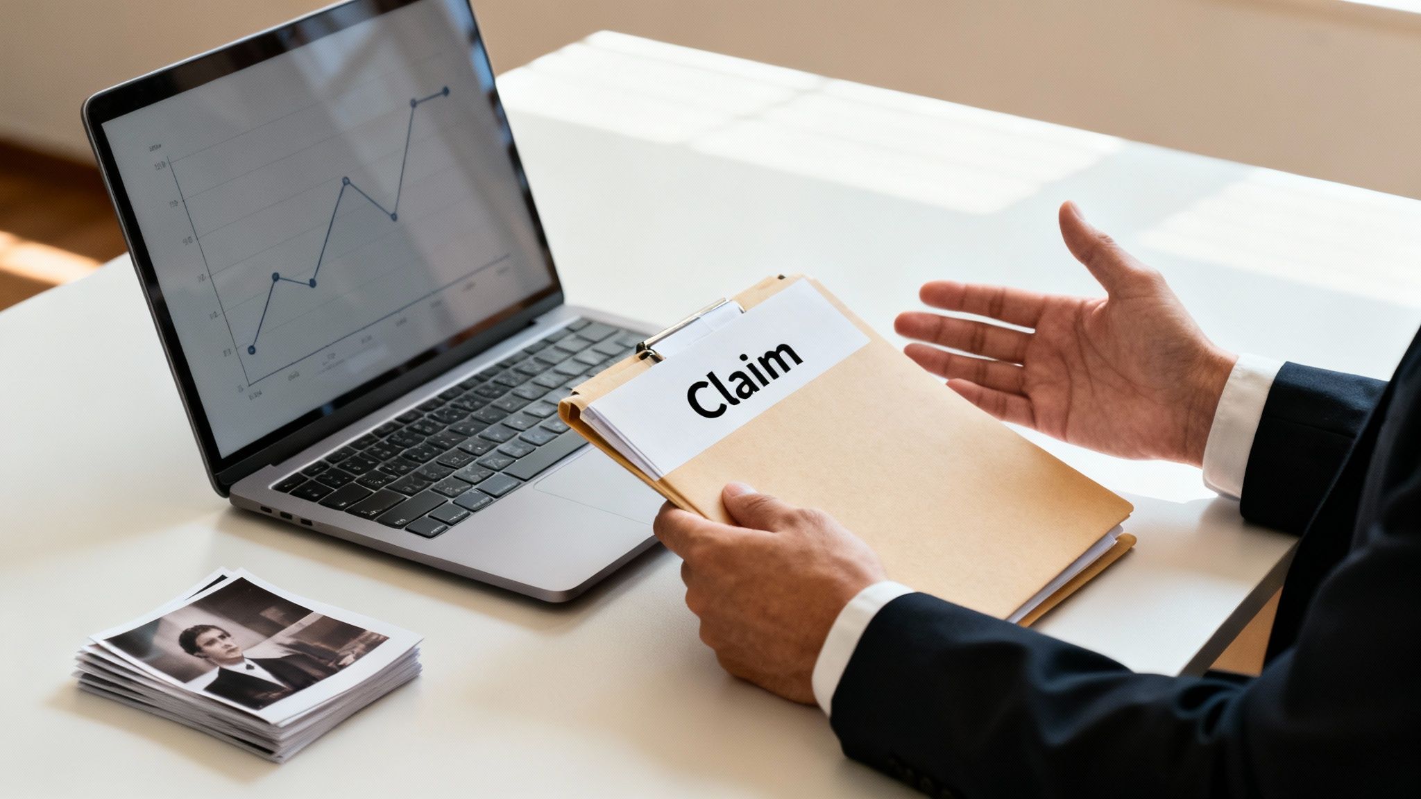 A person in a suit holds a 'Claim' document, with a laptop and old photographs on the desk.