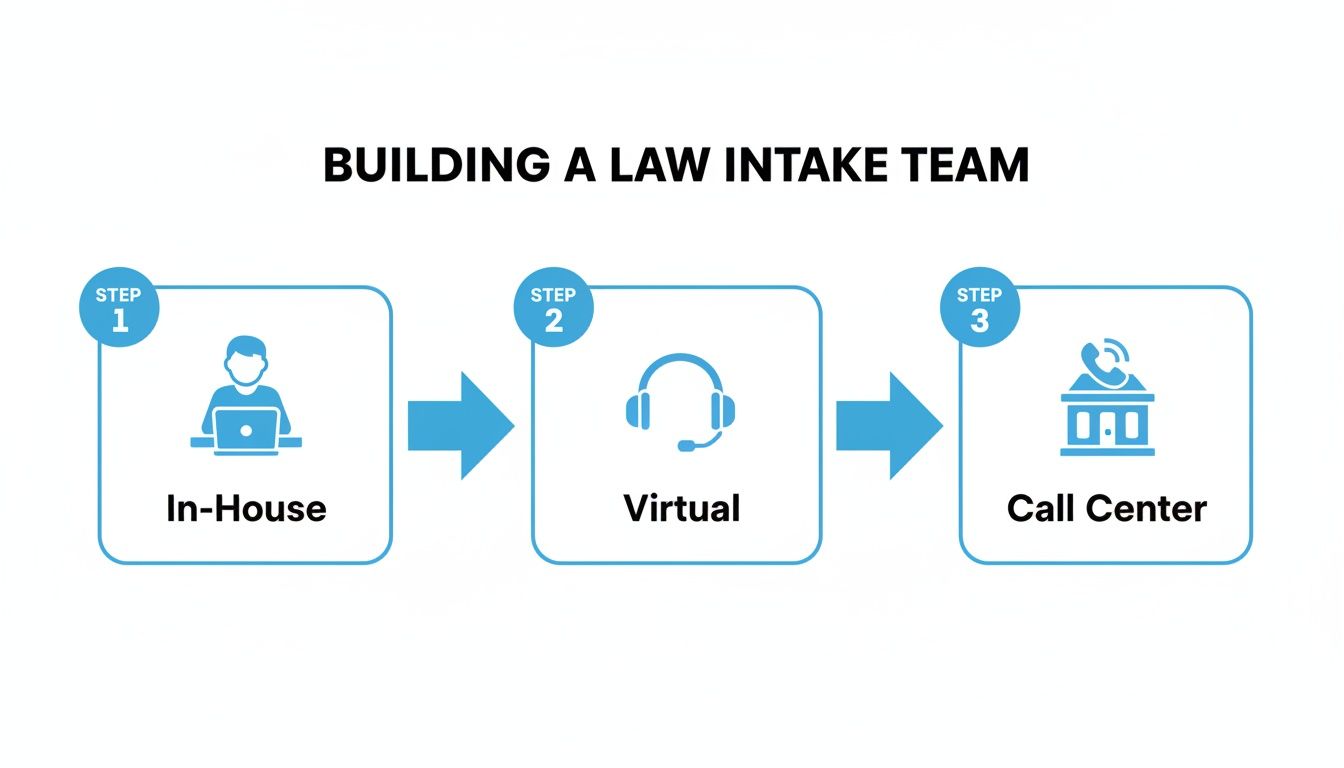 A diagram illustrates three steps to building a law intake team: In-House, Virtual, Call Center.