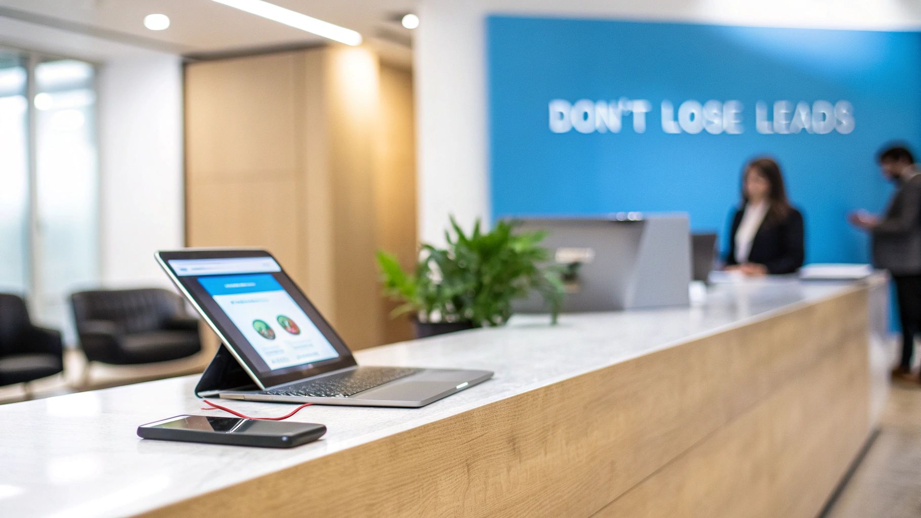 A modern reception desk featuring a tablet displaying lead management software and a smartphone.
