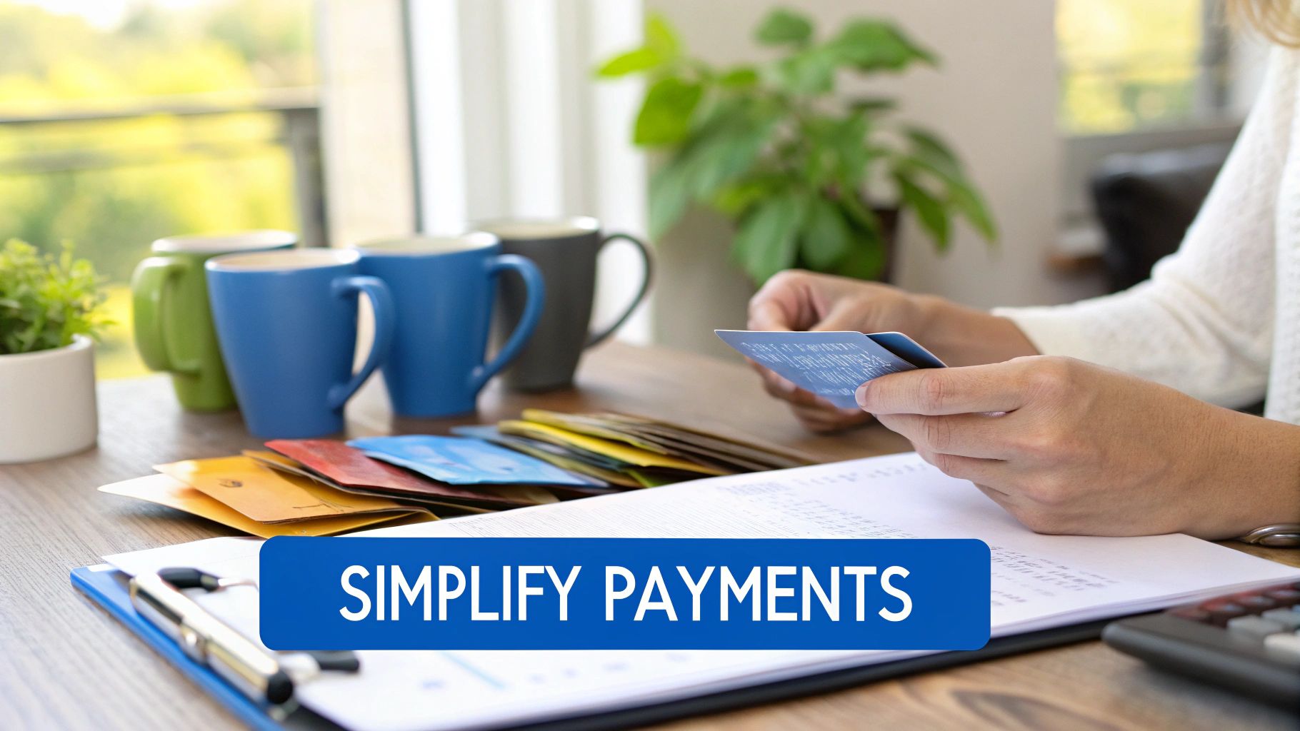 Person holding multiple credit cards at a desk with payment cards, documents, and coffee mugs. Text: SIMPLIFY PAYMENTS.