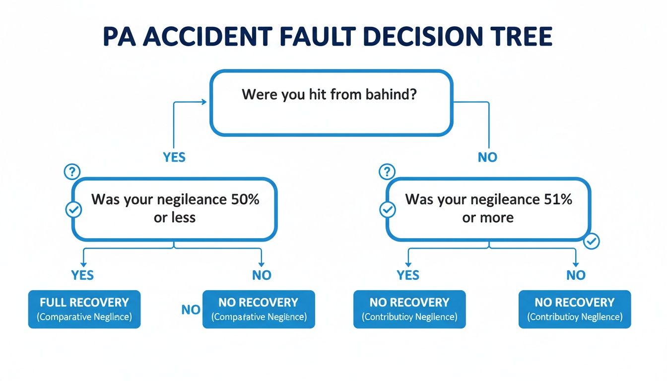 A decision tree flowchart explaining fault and recovery in a Pennsylvania car accident based on negligence.