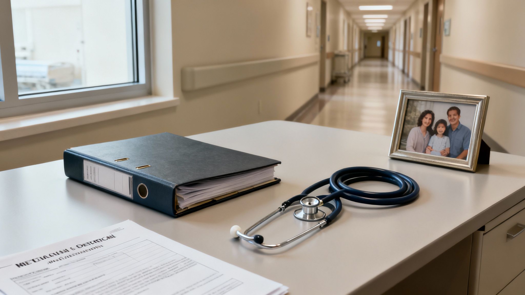 A desk in a hospital hallway featuring a binder, stethoscope, and a framed family photo.