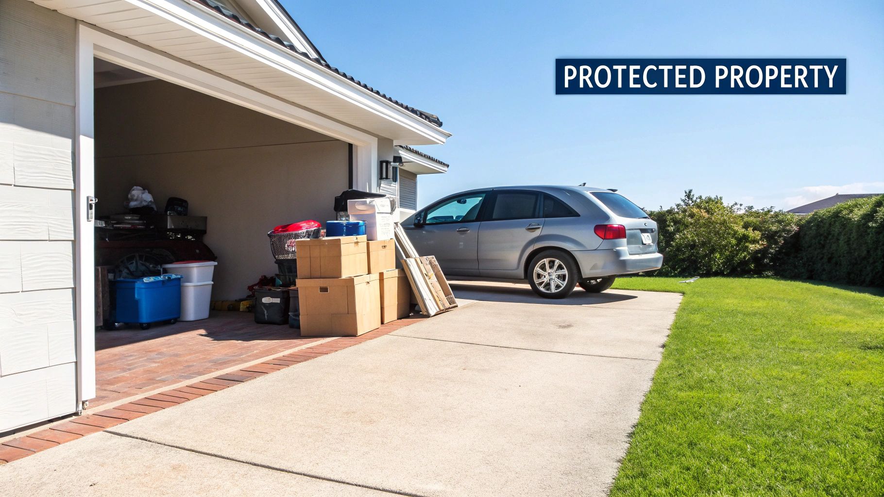 A suburban home's open garage with stored items, a car in the driveway, and a green lawn, under a 'PROTECTED PROPERTY' sign.