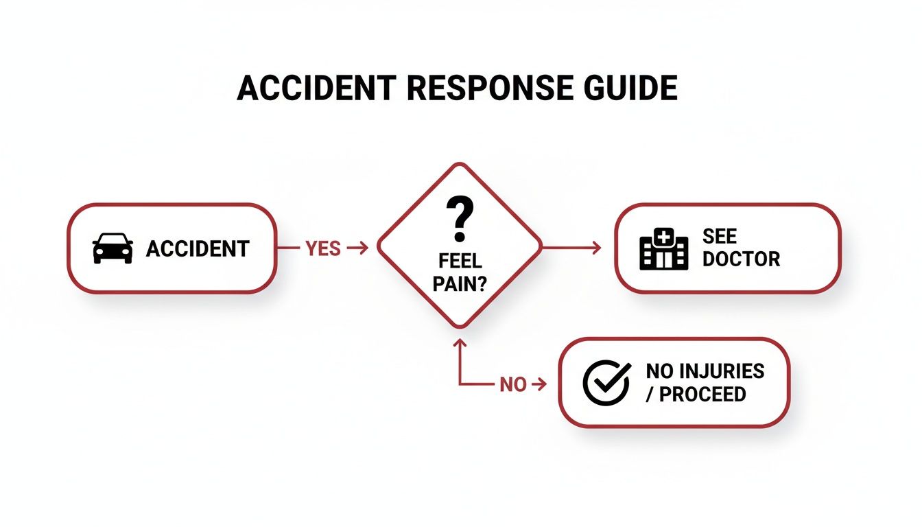 Flowchart showing steps after an accident: if you feel pain, see a doctor; otherwise, proceed.