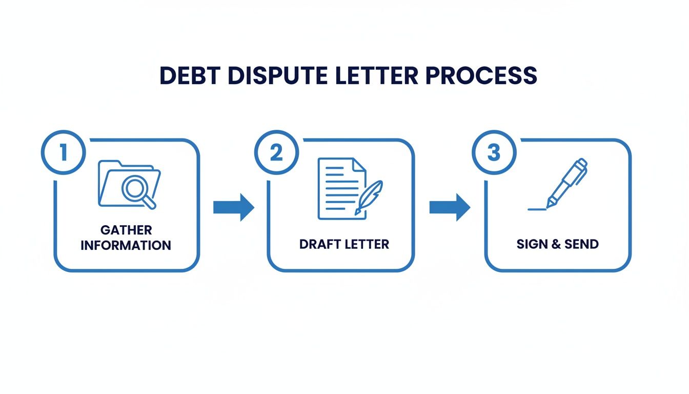 Infographic detailing the three-step debt dispute letter process: gather information, draft, then sign and send.