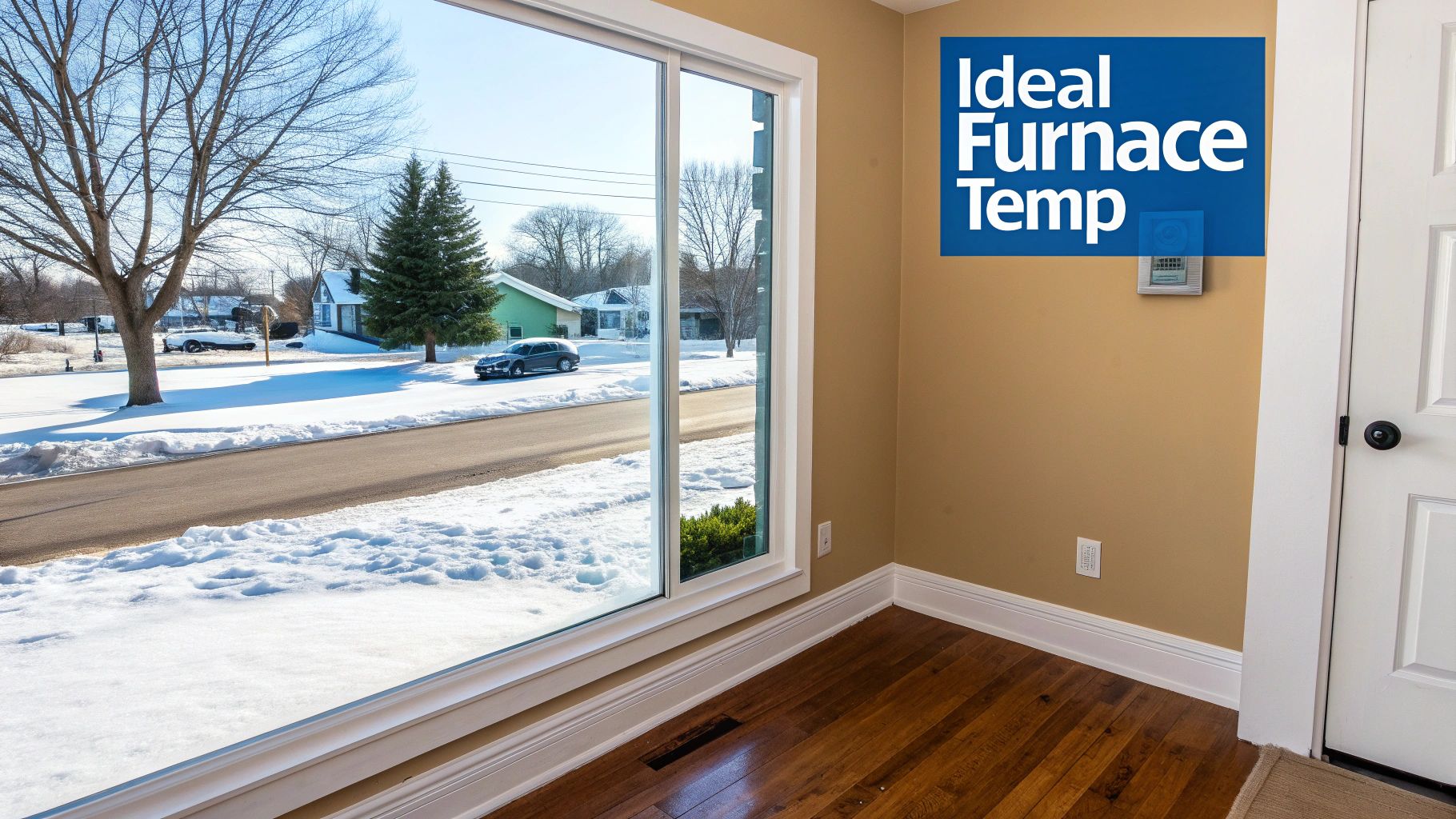An indoor room with a large window showcasing a snowy street, featuring a wall-mounted thermostat.