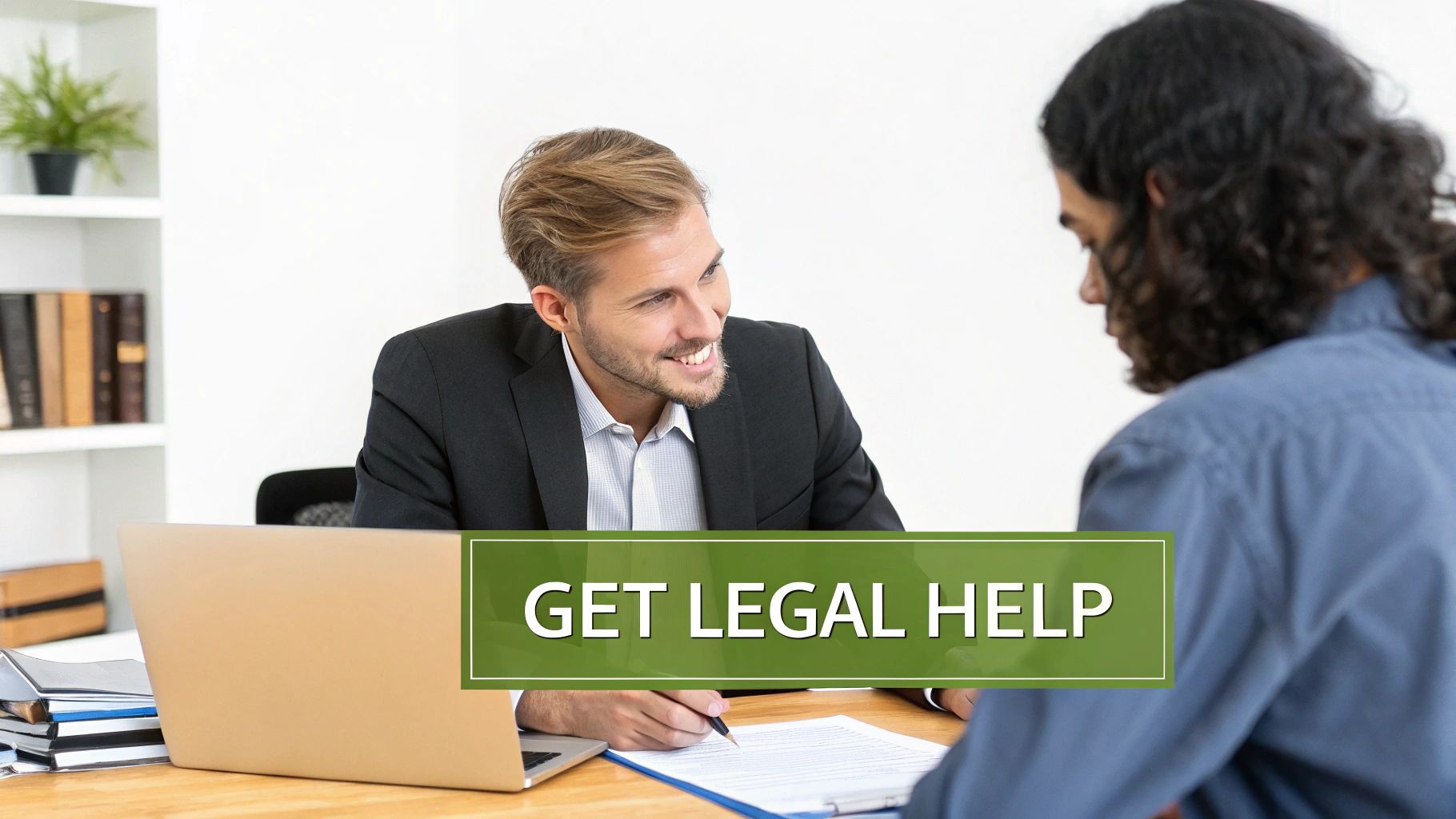 A smiling lawyer consults with a client at a desk, offering legal help.