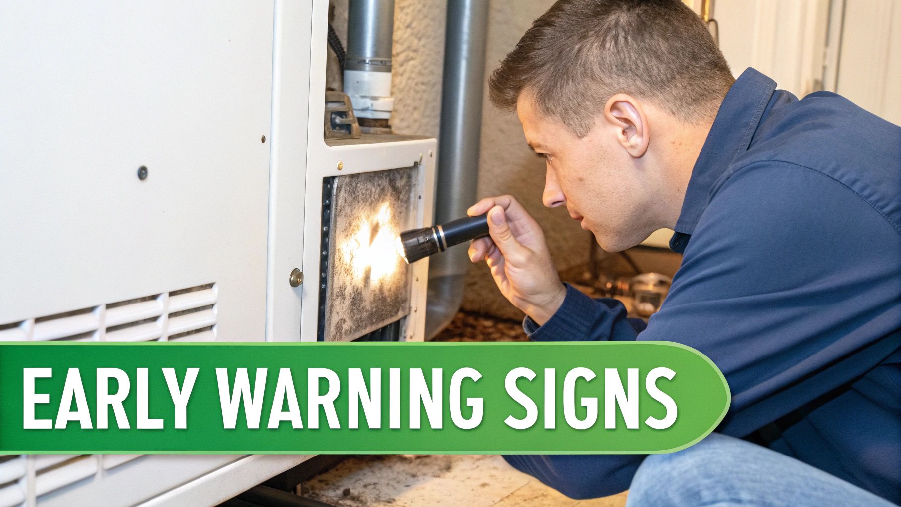 A man in a blue shirt inspects a dirty furnace filter with a flashlight.
