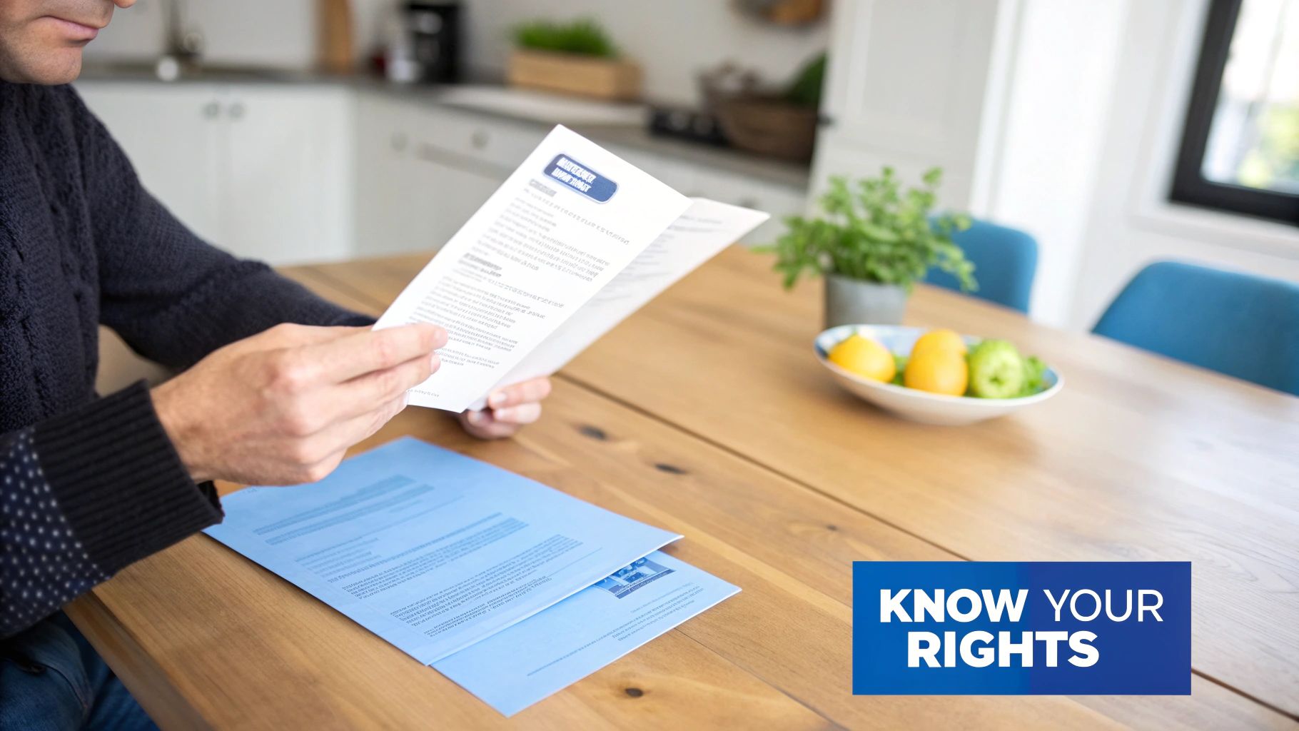A person reads a legal document titled 'Know Your Rights' at a wooden kitchen table.