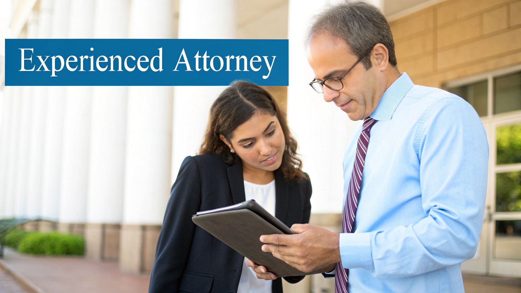 Un abogado experimentado y un colega discuten documentos legales en una tableta afuera de un edificio profesional.