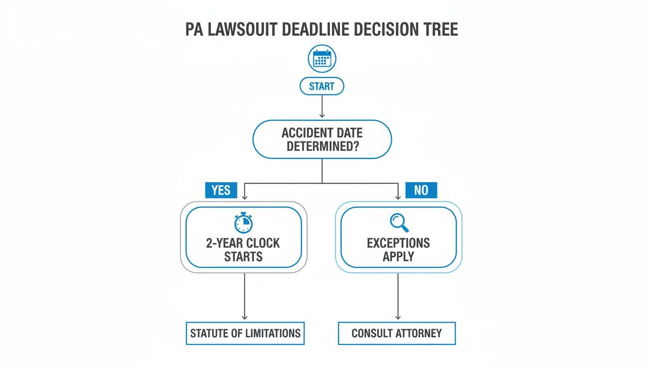 Decision tree flowchart outlining Pennsylvania lawsuit deadlines, guiding action based on accident date determination.