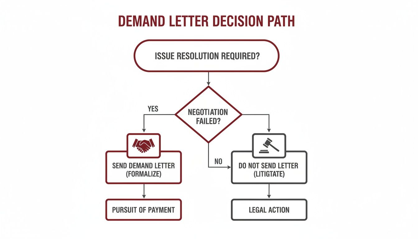 Flowchart showing the demand letter decision path for issue resolution and legal action.