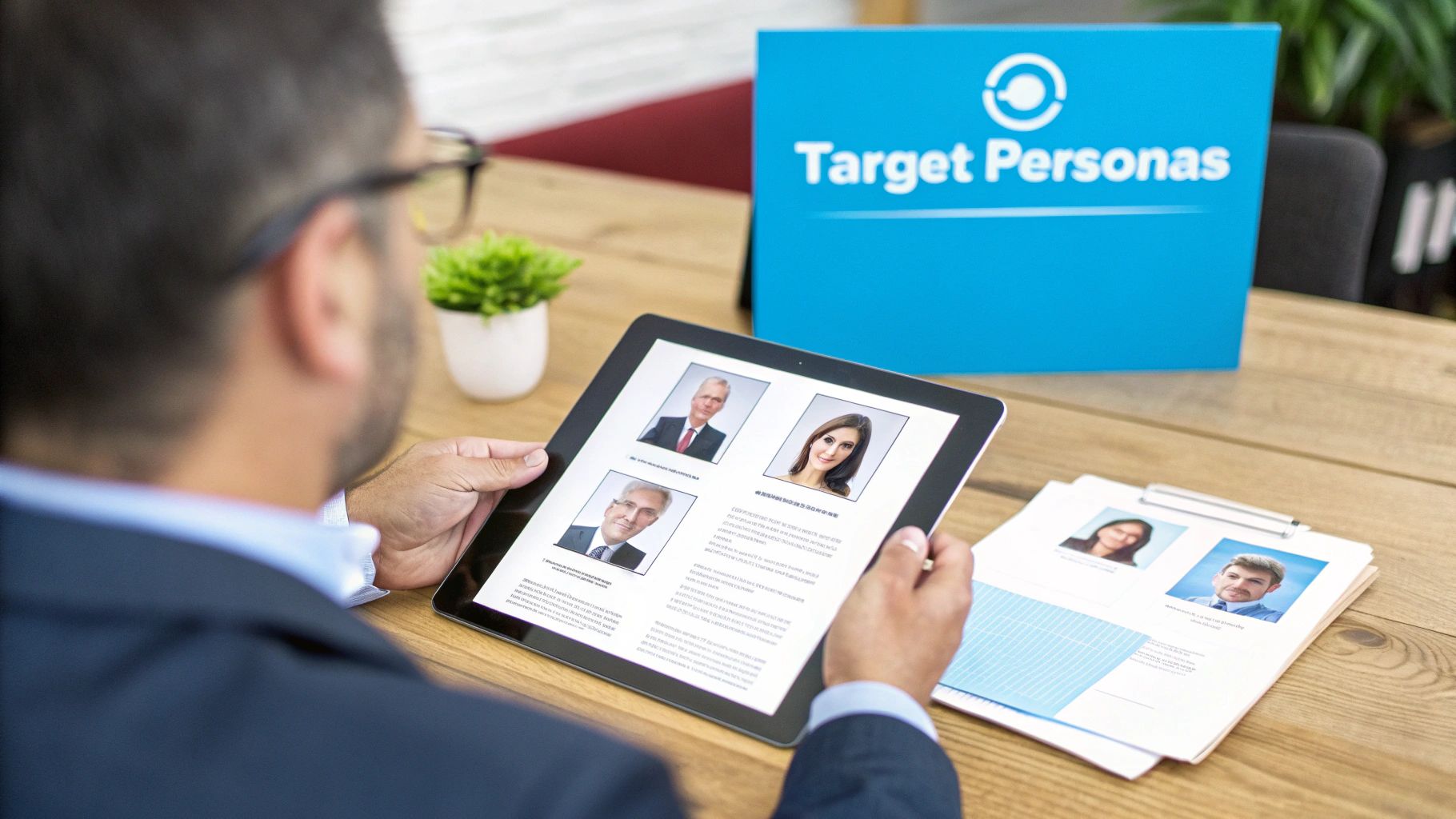 Man reviewing target personas on a tablet and printed documents for marketing strategy.