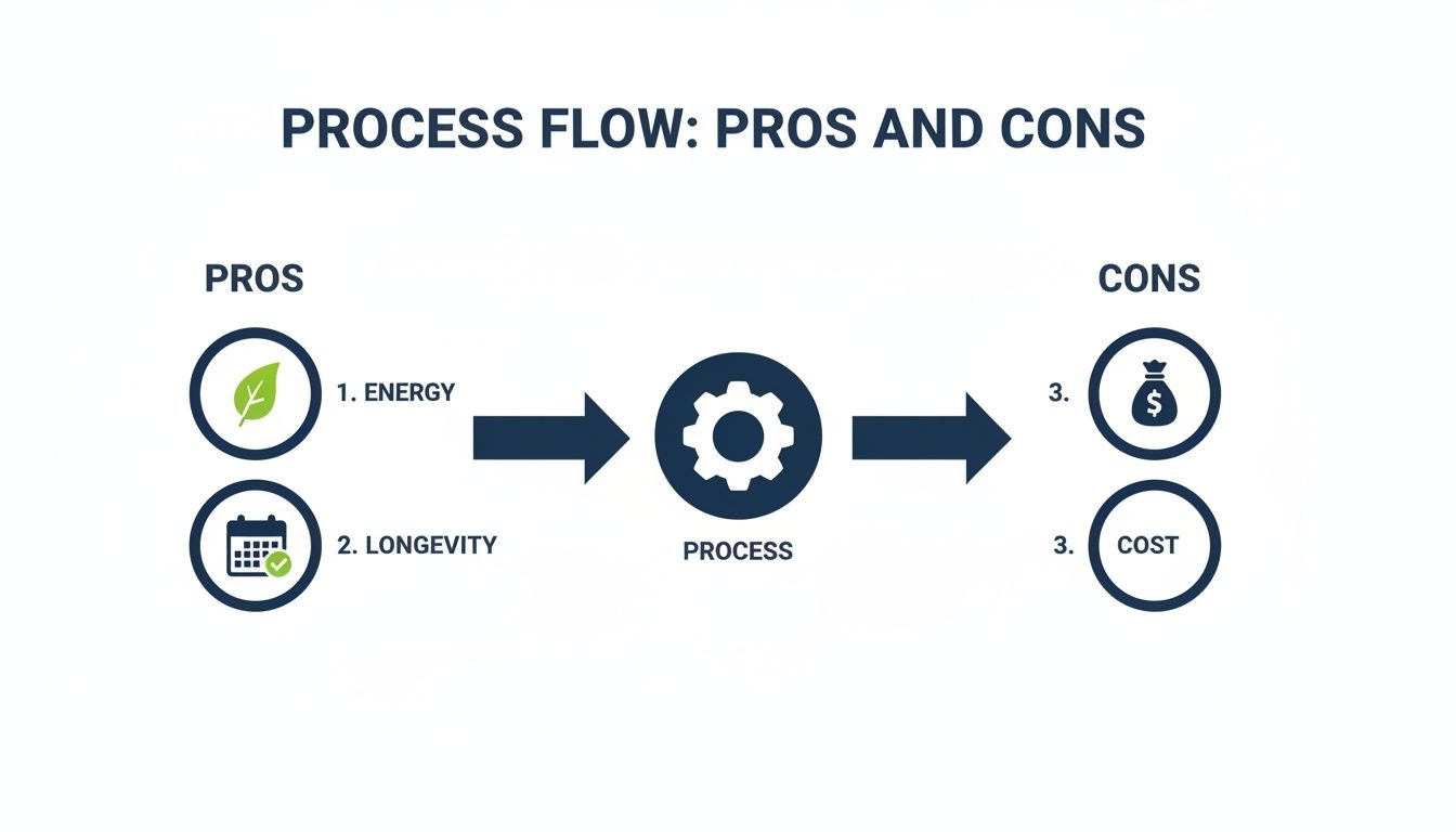 Diagram illustrating the pros and cons of a process flow, highlighting energy, longevity, and cost.