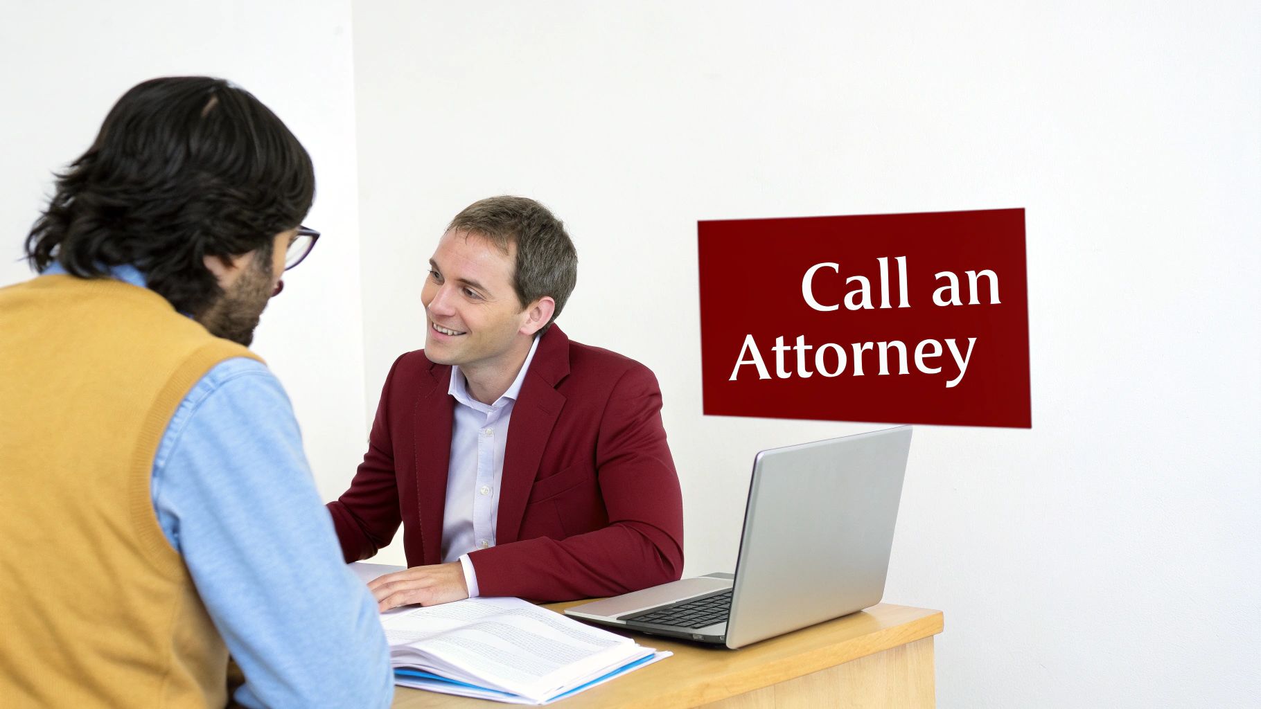 A lawyer in a red jacket consults with a client at a desk, near a 'Call an Attorney' sign.