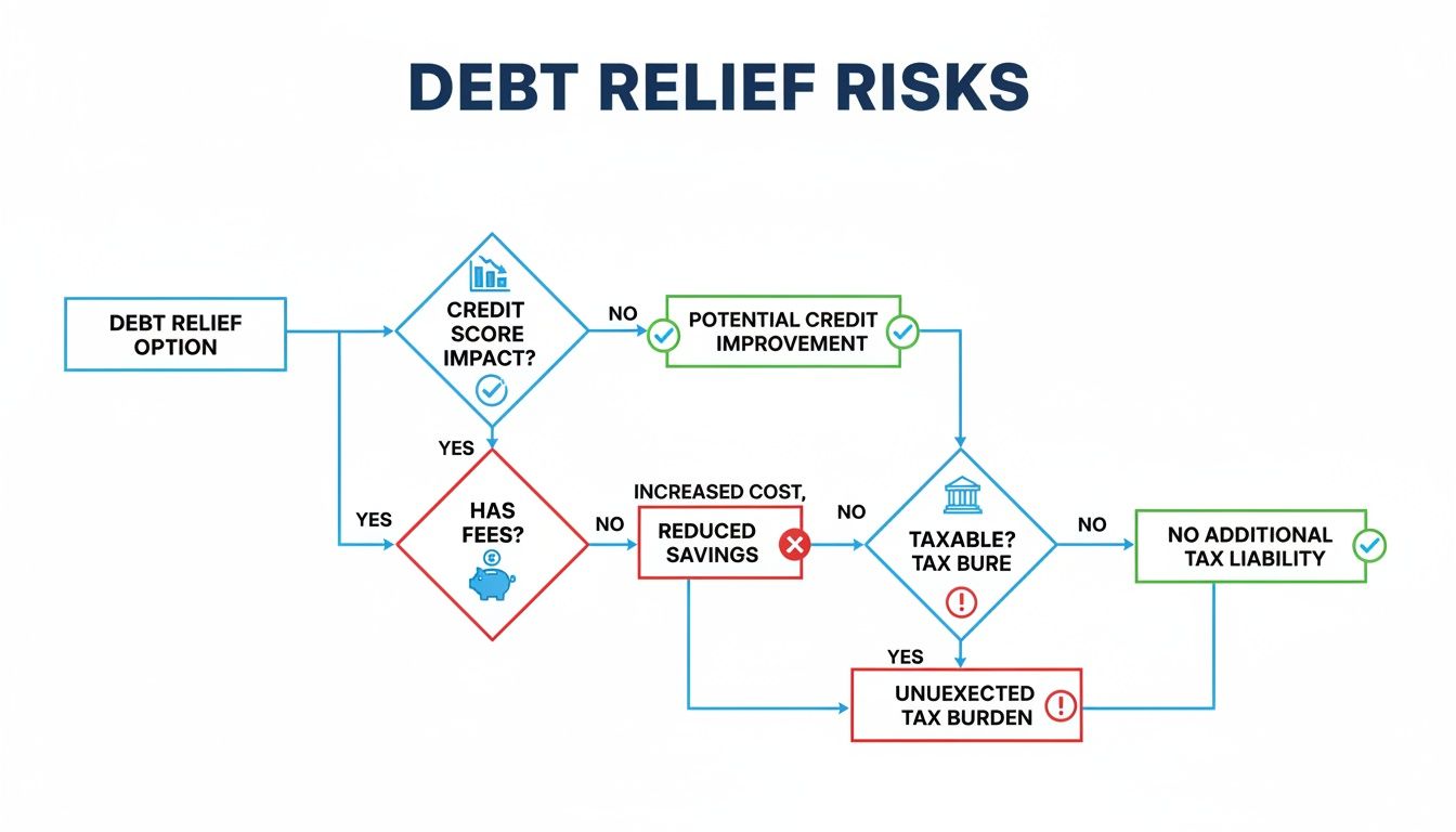 Flowchart illustrating debt relief risks, detailing credit score impact, fees, and potential tax implications.
