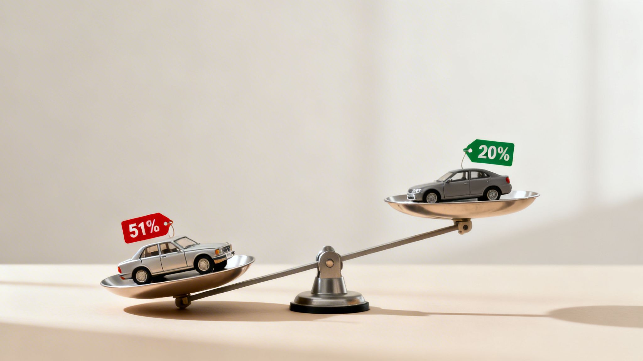 A balance scale comparing two toy cars, one with a 51% red tag, the other with a 20% green tag.