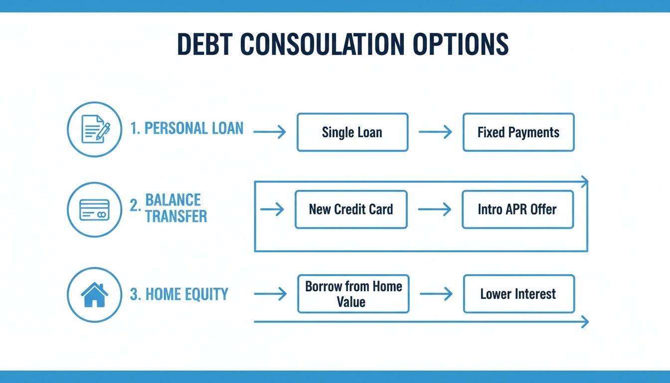 Diagram illustrating three debt consolidation methods: personal loan, balance transfer, and home equity.