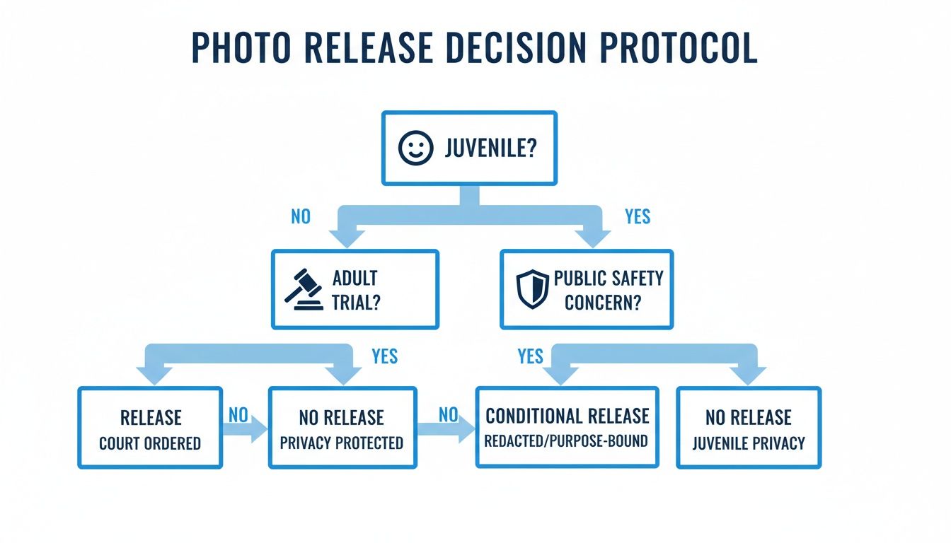Diagrama de flujo para decisiones de divulgación de fotografías, considerando el estado de menor, el estado de juicio de adulto y las preocupaciones de seguridad pública.