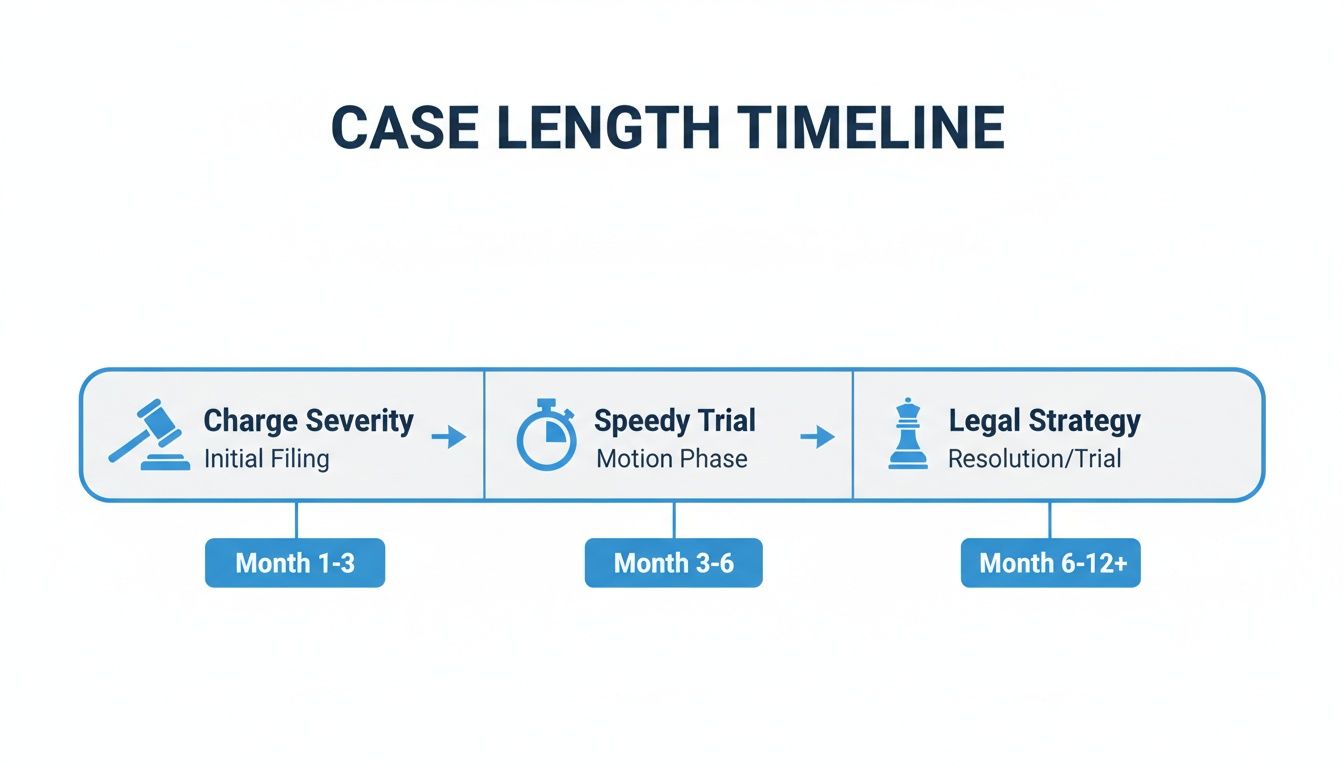 Legal case length timeline showing initial filing, speedy trial, and legal strategy phases with months.