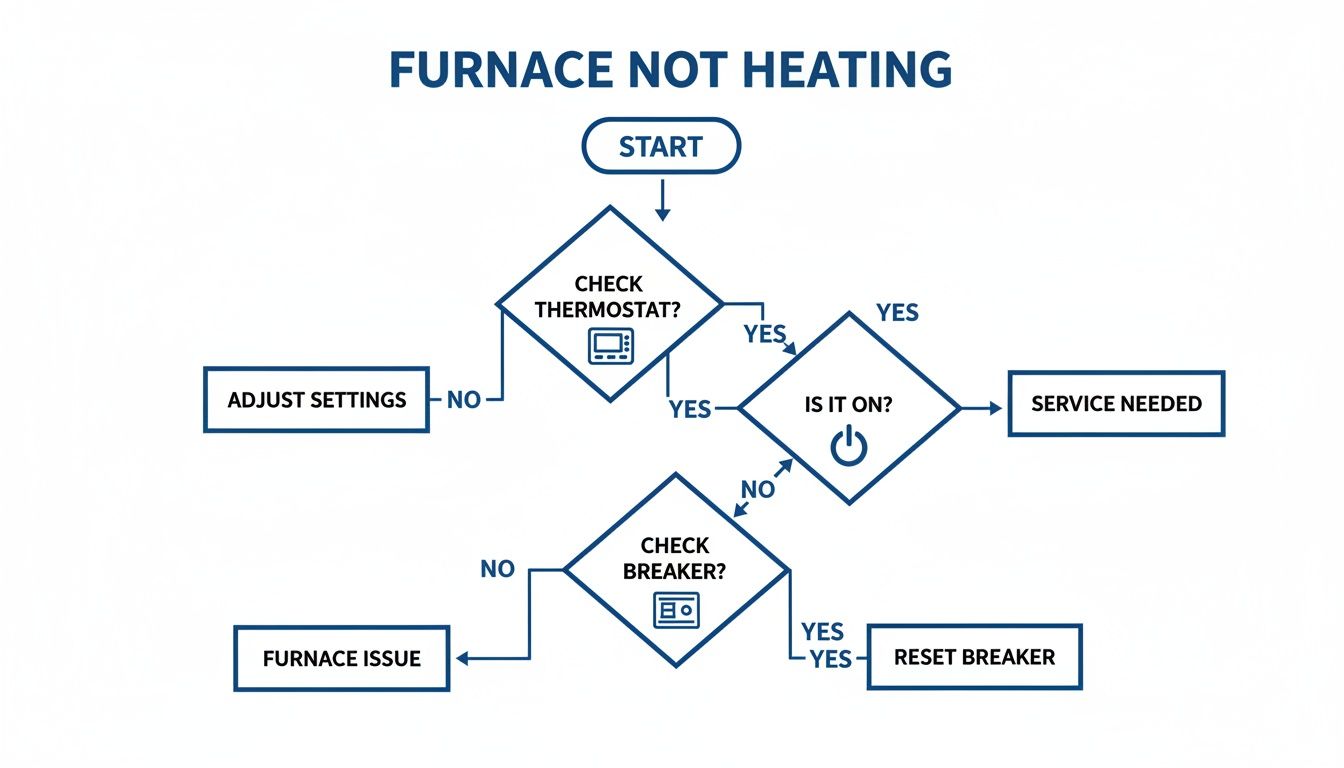 Flowchart detailing steps to troubleshoot a furnace that is not heating, starting with thermostat and breaker checks.