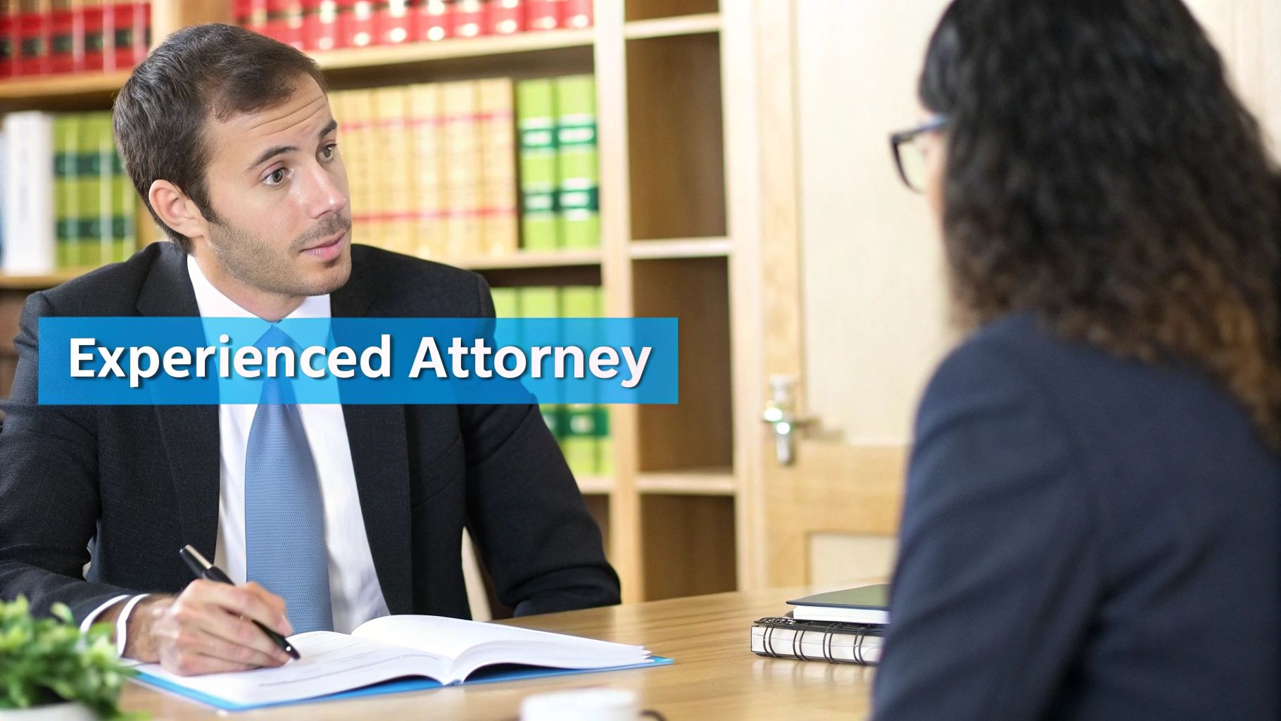 Un abogado con traje y corbata toma notas mientras discute con un cliente en una oficina.