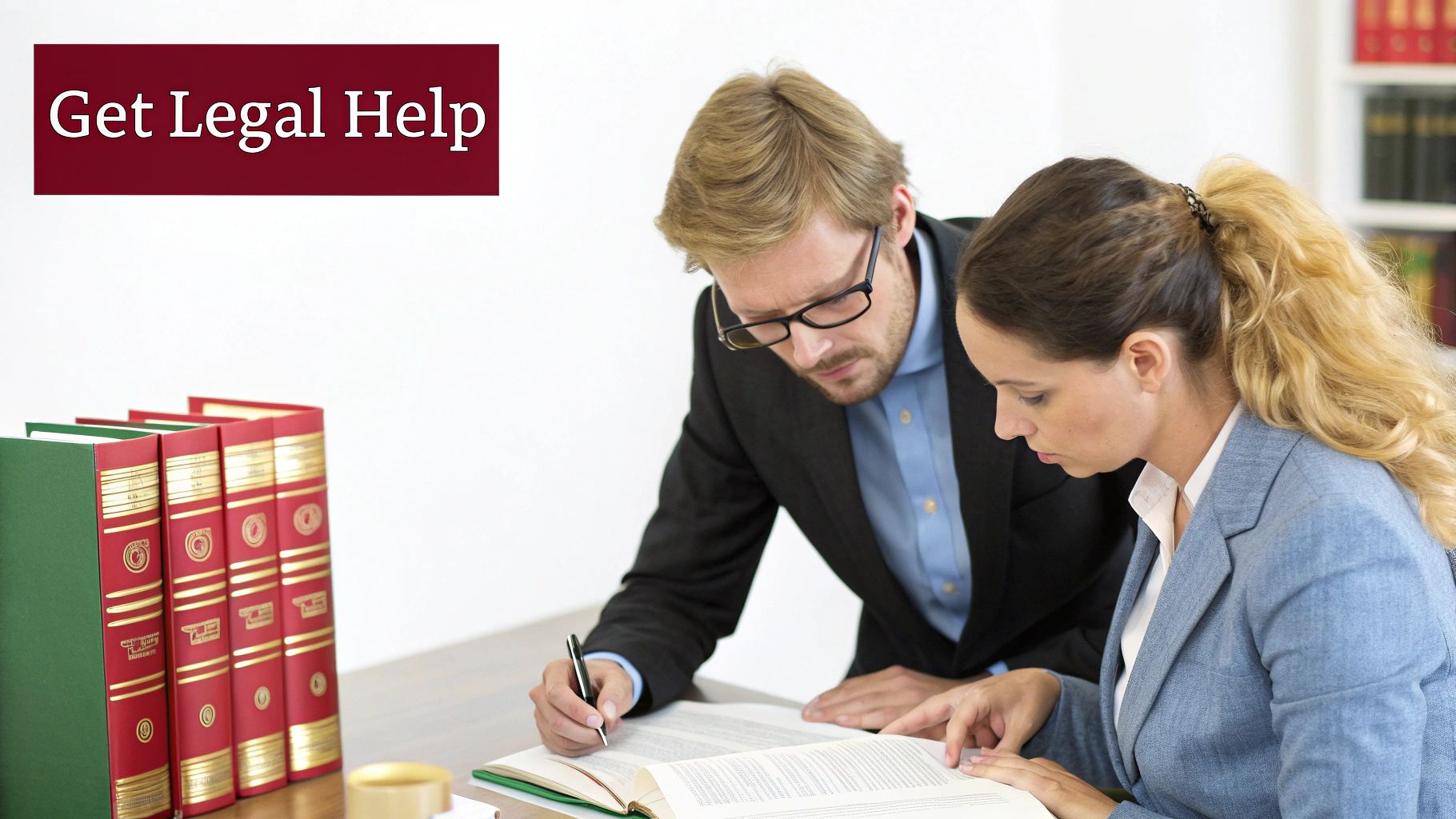 Professionals reviewing legal documents, with a 'Get Legal Help' banner.