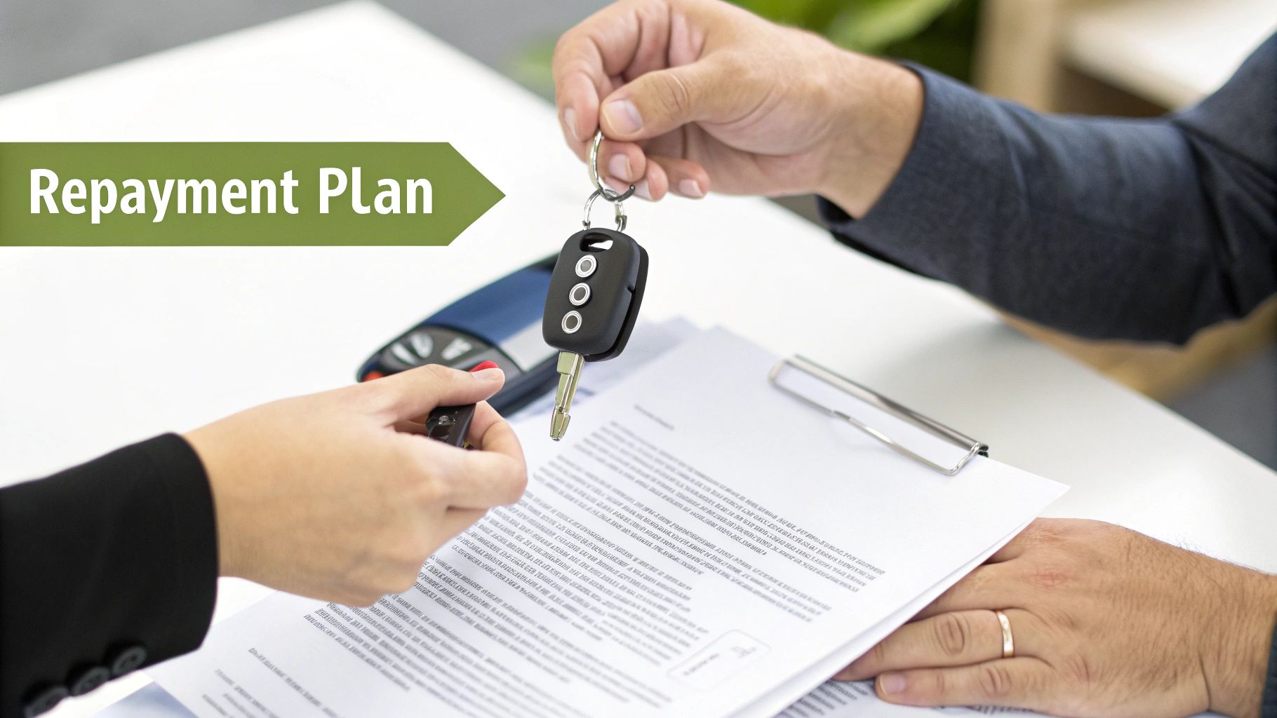 Two hands exchanging car keys over a document, with a 'Repayment Plan' banner visible.