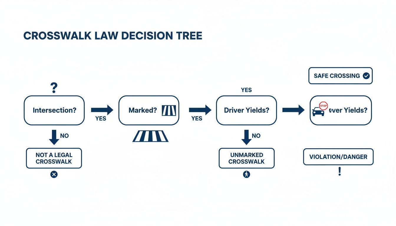 A crosswalk law decision tree flowchart showing steps to determine legal crosswalks and safe crossings.